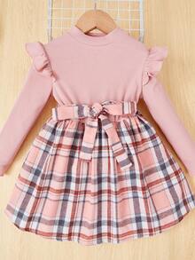 SHEIN 女小童格紋印花荷葉邊洋裝&帽 - 粉色 - 查看 5