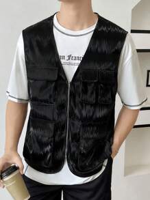 Manfinity VCAY Loose Fit Men's Flap Pocket Zip Up Vest Jacket, For Fall Winter - Black - View 1