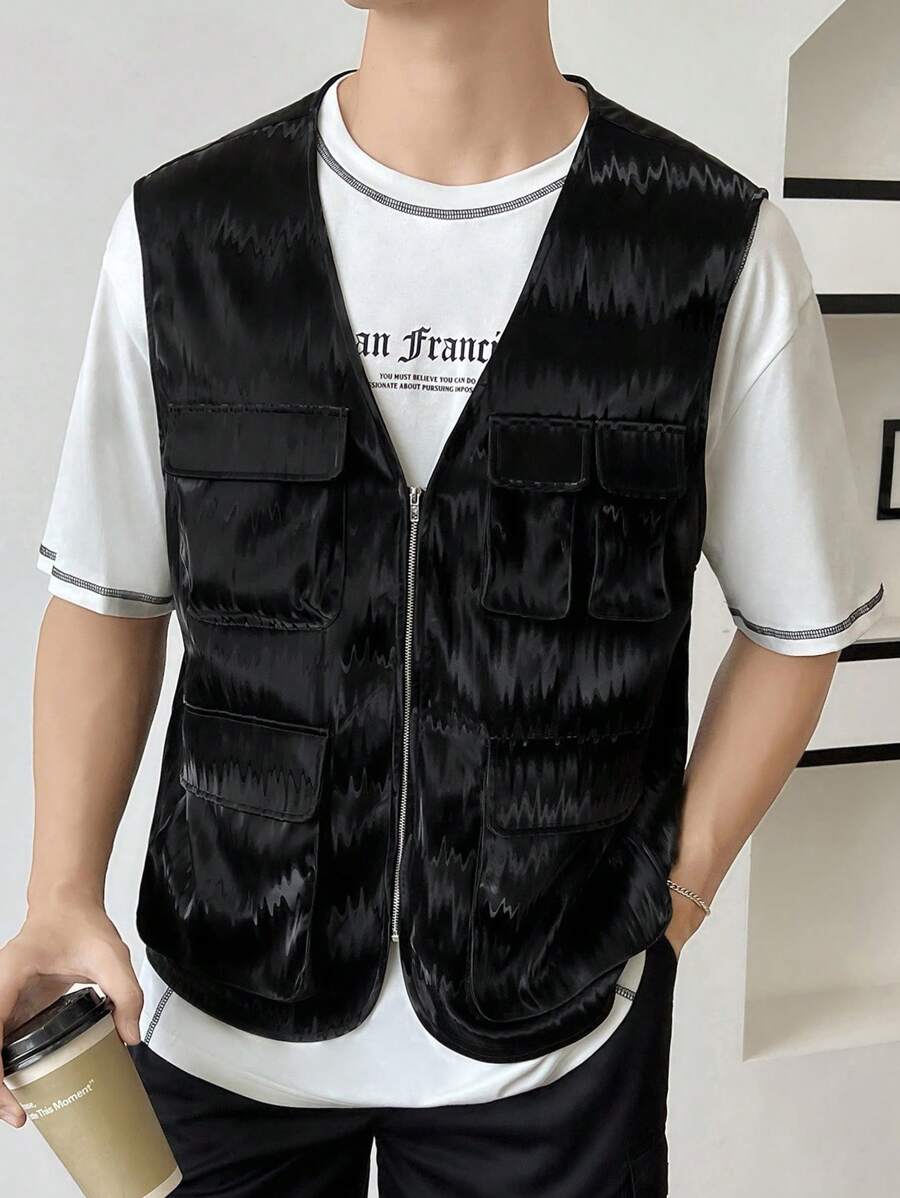Manfinity VCAY Loose Fit Men's Flap Pocket Zip Up Vest Jacket, For Fall Winter - Black - View 1