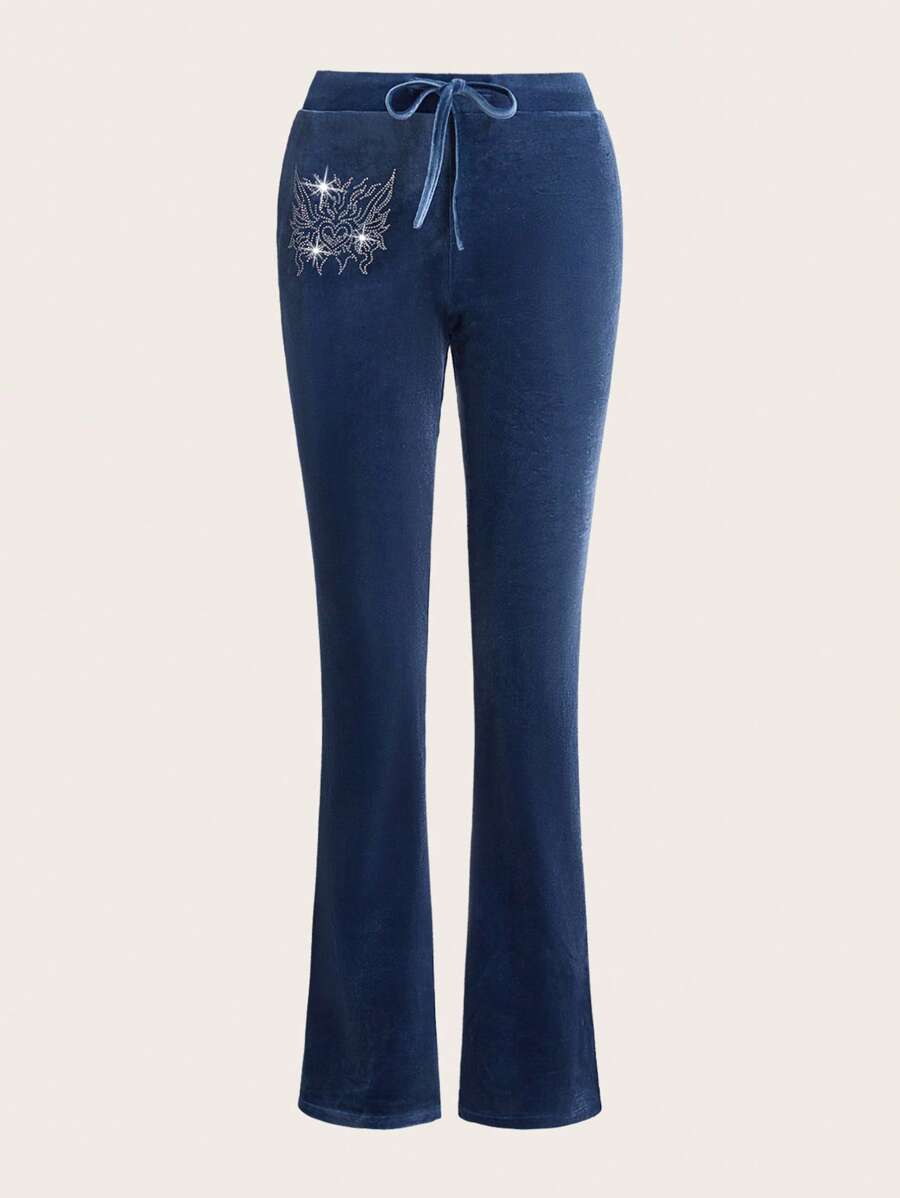 SHEIN ICON Đồ trang trí Rhinestone Eo dây rút Quần ống loe - Màu xanh bụi bặm - Xem 1