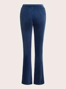 SHEIN ICON Đồ trang trí Rhinestone Eo dây rút Quần ống loe - Màu xanh bụi bặm - Xem 2