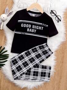 SHEIN Tween Girl Slogan Graphic Tee & Plaid Print Trousers PJ Set - Black and White - View 1