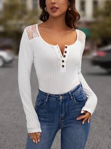 SHEIN Clasi Ren tương phản Nút Nửa Áo thun - trắng - Xem 1