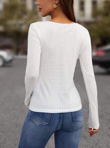 SHEIN Clasi Ren tương phản Nút Nửa Áo thun - trắng - Xem 2