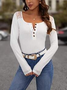 SHEIN Clasi Ren tương phản Nút Nửa Áo thun - trắng - Xem 3