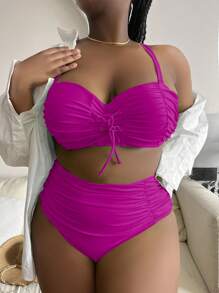SHEIN Swim Curve Plus Lace Up Ruched Push Up High Waisted Bikini Set - Purple - View 1