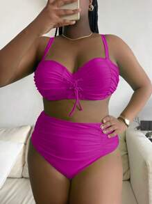 SHEIN Swim Curve Plus Lace Up Ruched Push Up High Waisted Bikini Set - Purple - View 3