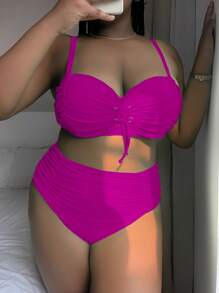 SHEIN Swim Curve Plus Lace Up Ruched Push Up High Waisted Bikini Set - Purple - View 4