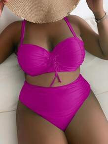 SHEIN Swim Curve Plus Lace Up Ruched Push Up High Waisted Bikini Set - Purple - View 5