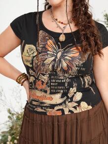 ROMWE Fairycore 大碼蝴蝶和標語圖案T恤 - 黑色 - 查看 2