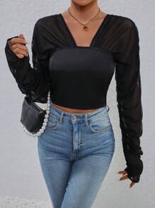 SHEIN Privé 網紗拼接褶邊襯衫 - 黑色 - 查看 1