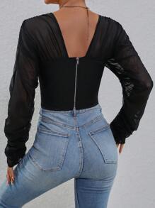 SHEIN Privé 網紗拼接褶邊襯衫 - 黑色 - 查看 2