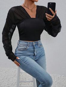 SHEIN Privé 網紗拼接褶邊襯衫 - 黑色 - 查看 3