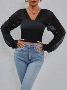 SHEIN Privé 網紗拼接褶邊襯衫 - 黑色 - 查看 4