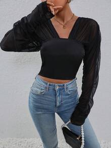 SHEIN Privé 網紗拼接褶邊襯衫 - 黑色 - 查看 5