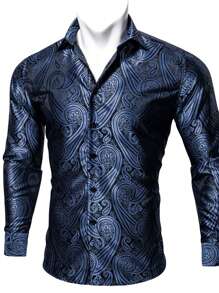 Men Paisley Jacquard Button Up Shirt - Navy Blue - View 1