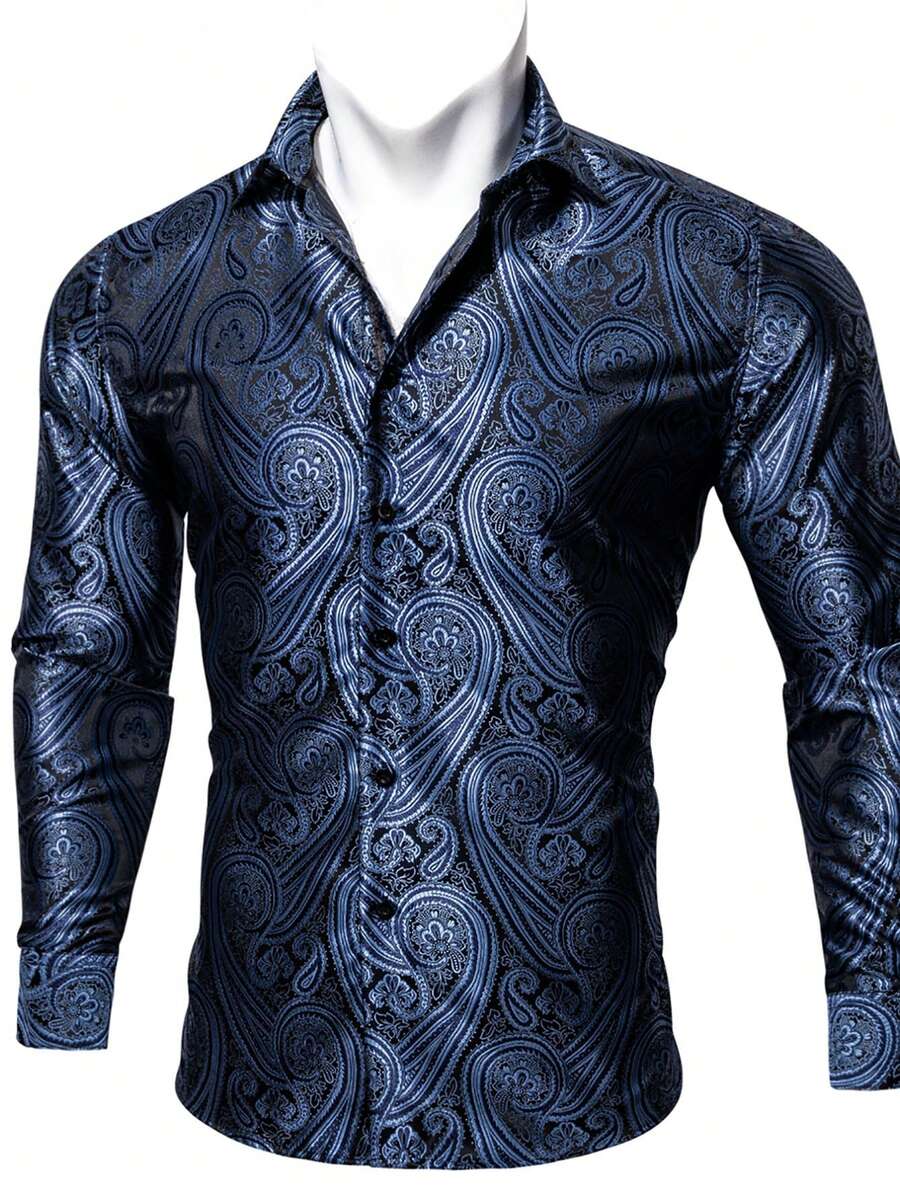Men Paisley Jacquard Button Up Shirt - Navy Blue - View 1