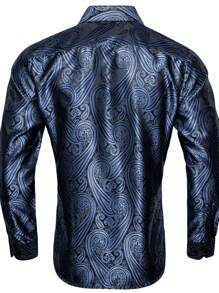 Men Paisley Jacquard Button Up Shirt - Navy Blue - View 2
