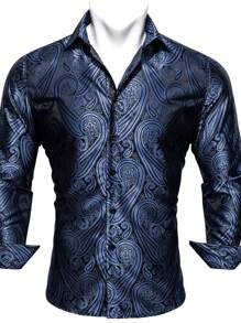 Men Paisley Jacquard Button Up Shirt - Navy Blue - View 3