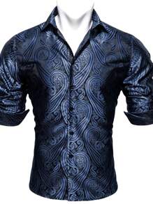 Men Paisley Jacquard Button Up Shirt - Navy Blue - View 4