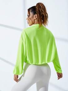 SHEIN Daily&Casual Drop Shoulder Drawstring Hem Zip Up Crop Sports Jacket - Green - View 2