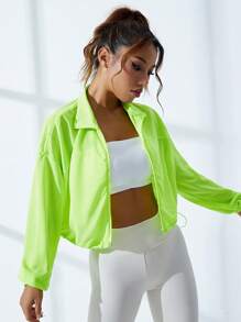SHEIN Daily&Casual Drop Shoulder Drawstring Hem Zip Up Crop Sports Jacket - Green - View 3