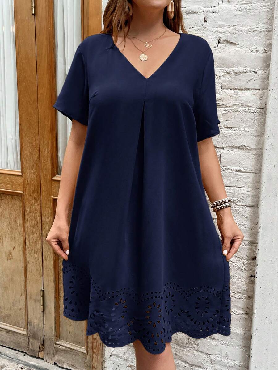 SHEIN Clasi Plus Laser Cut Scallop Trim Dress - Navy Blue - View 1