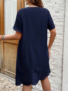 SHEIN Clasi Plus Laser Cut Scallop Trim Dress - Navy Blue - View 2