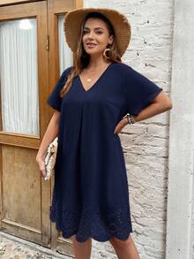 SHEIN Clasi Plus Laser Cut Scallop Trim Dress - Navy Blue - View 3