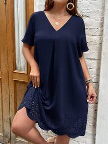 SHEIN Clasi Plus Laser Cut Scallop Trim Dress - Navy Blue - View 4