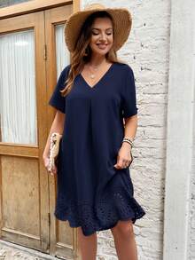 SHEIN Clasi Plus Laser Cut Scallop Trim Dress - Navy Blue - View 5