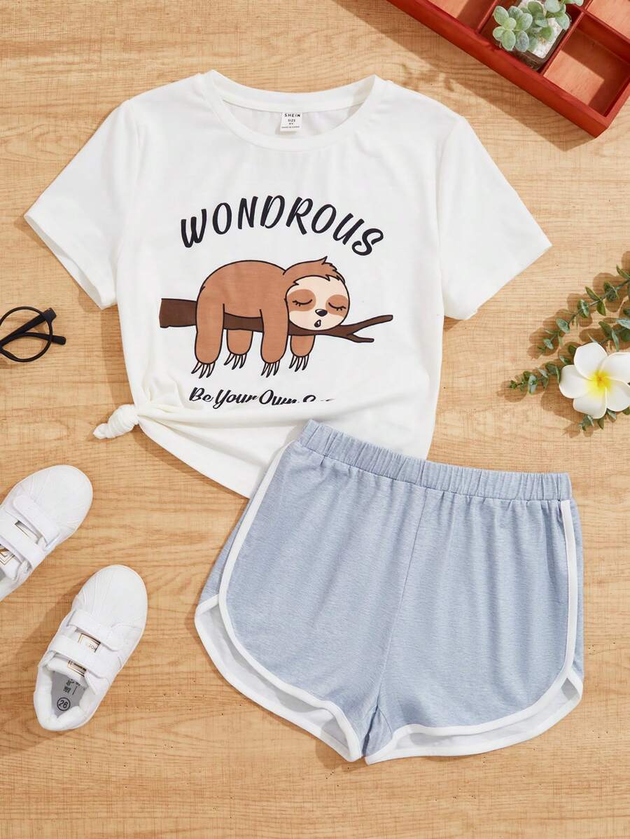SHEIN Chica preadolescente Conjunto de pijama Camiseta unida en contraste perezoso & con estampado de slogan & Shorts - Azul y blanco - Ver 1