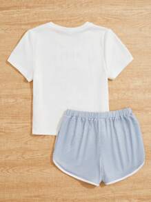 SHEIN Chica preadolescente Conjunto de pijama Camiseta unida en contraste perezoso & con estampado de slogan & Shorts - Azul y blanco - Ver 2