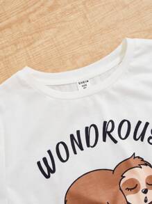 SHEIN Chica preadolescente Conjunto de pijama Camiseta unida en contraste perezoso & con estampado de slogan & Shorts - Azul y blanco - Ver 3