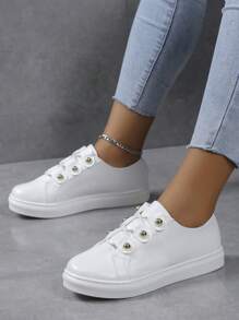 女士們牛津鞋帶釘狀首飾裝飾的前和平底高跟鞋 - 白色 - 查看 5