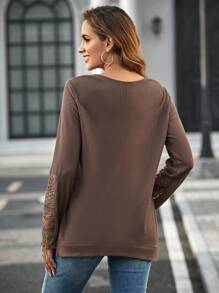 SHEIN Clasi Solid Contrast Lace Tee - Brown - View 2