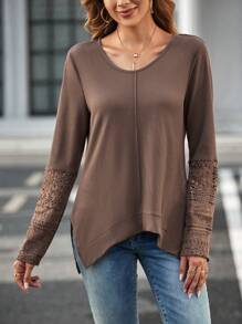 SHEIN Clasi Solid Contrast Lace Tee - Brown - View 6