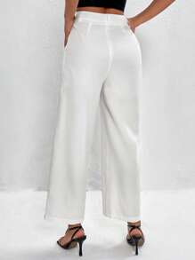 SHEIN PETITE 素色斜口袋長褲 - 白色 - 查看 2
