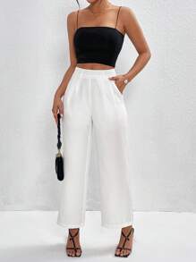 SHEIN PETITE 素色斜口袋長褲 - 白色 - 查看 4