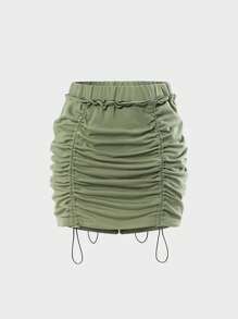 SHEIN EZwear Drawstring Side Ruched Bodycon Skirt - Army Green - View 1