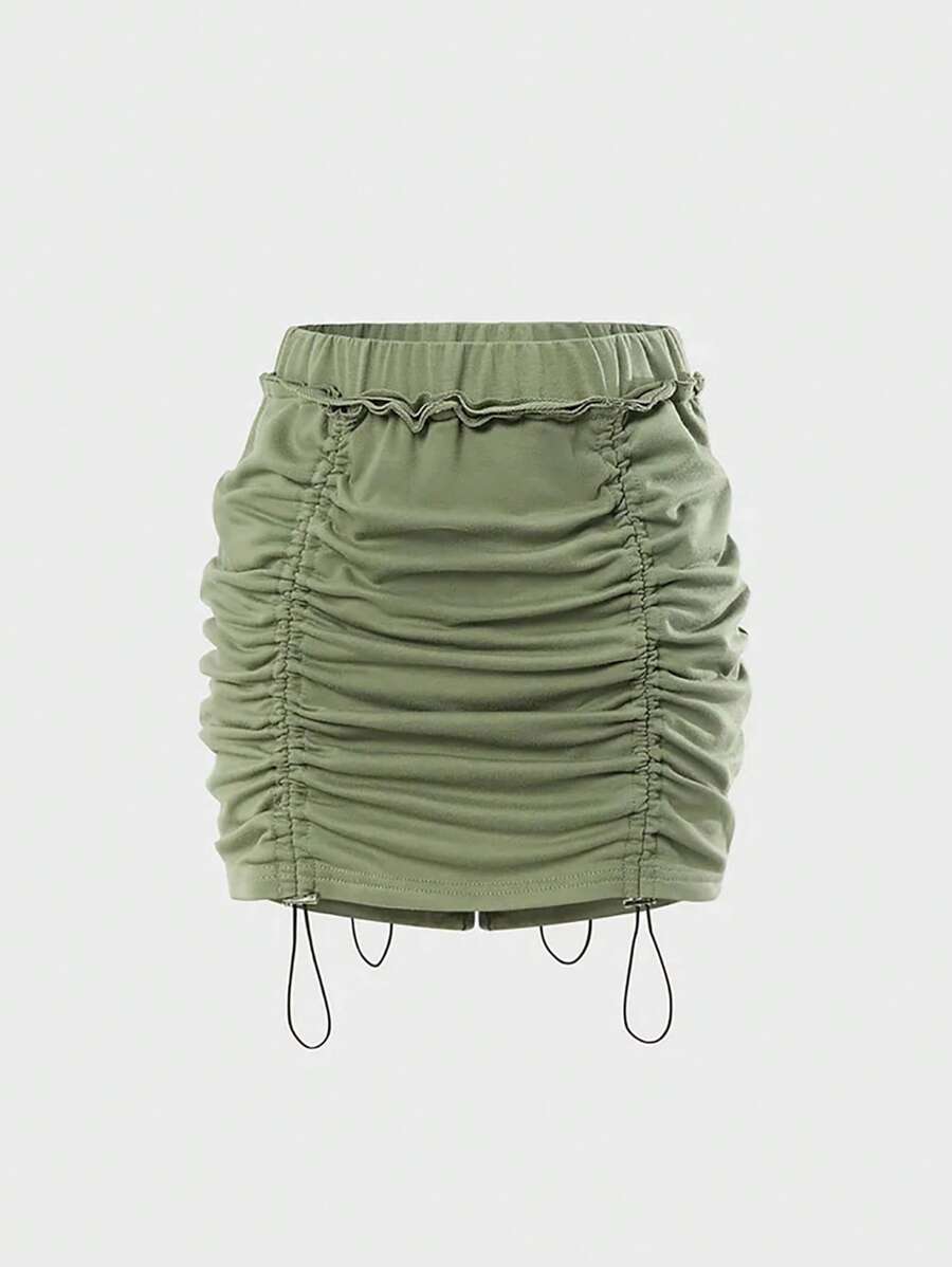 SHEIN EZwear Drawstring Side Ruched Bodycon Skirt - Army Green - View 1