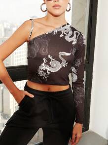 SHE(IN) BRASIL Chinese Dragon Print Asymmetrical Neck Crop Tee - Black - View 3
