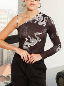 SHE(IN) BRASIL Chinese Dragon Print Asymmetrical Neck Crop Tee - Black - View 4