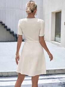 Chiquease Contrast Trim Flap Detail Button Front Dress - Beige - View 2