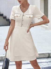 Chiquease Contrast Trim Flap Detail Button Front Dress - Beige - View 3
