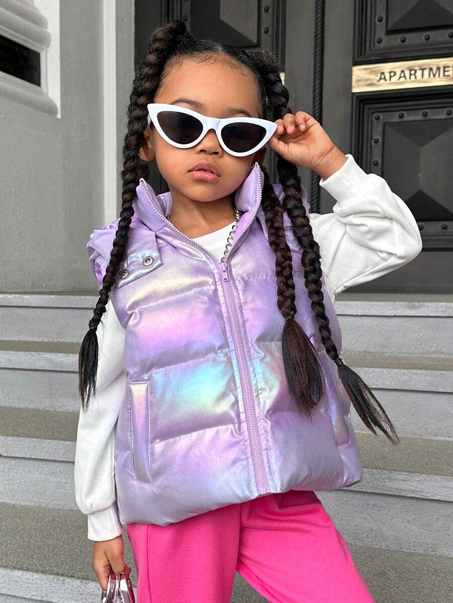 SHEIN 年轻女孩 1 件全息拉链连帽背心羽绒填充外套