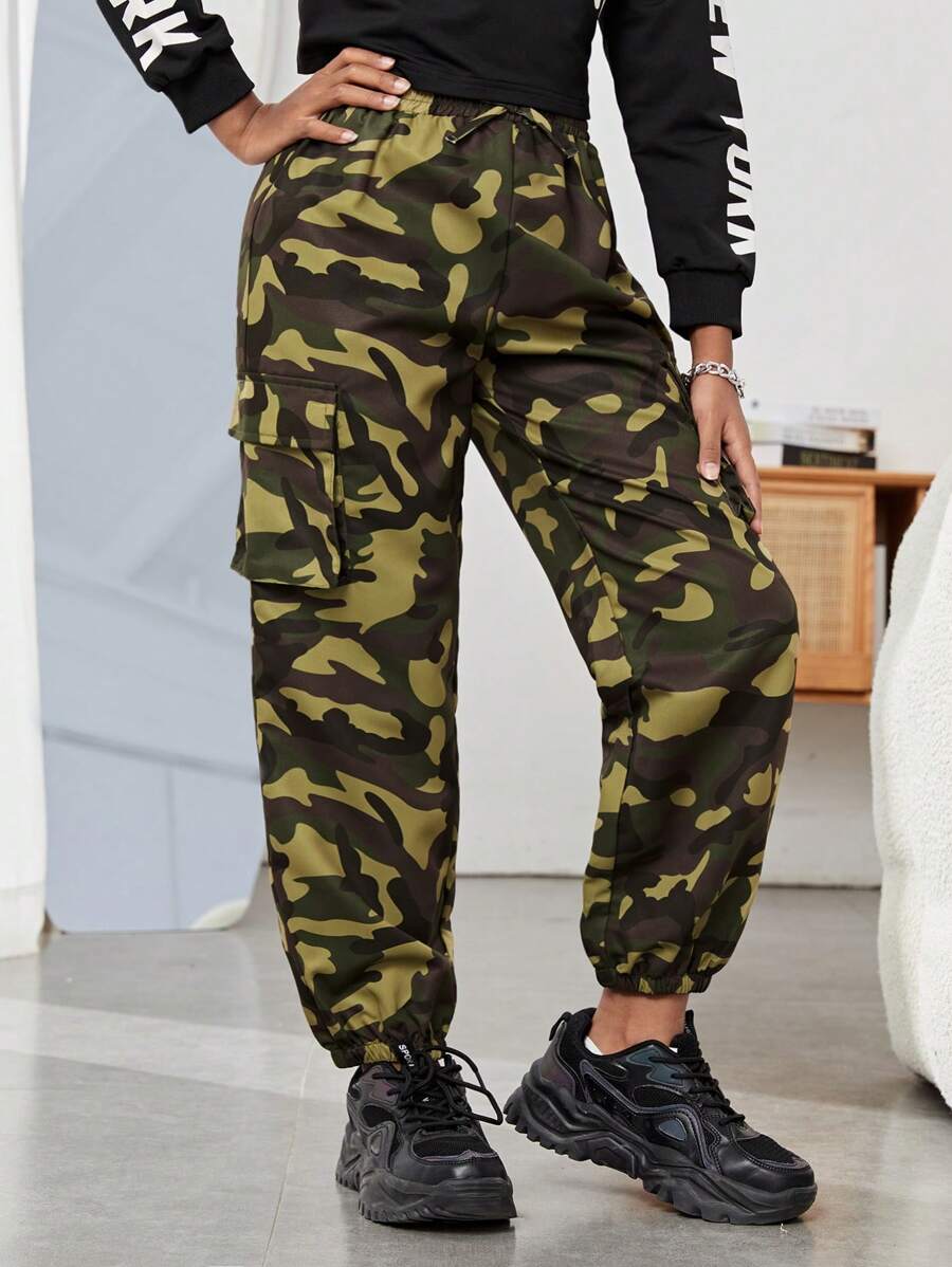 SHEIN Tween Girl Camo Print Flap Pocket Side Cargo Trousers - Multicolor - View 1