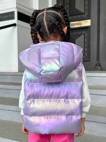 SHEIN 年轻女孩 1 件全息拉链连帽背心羽绒填充外套