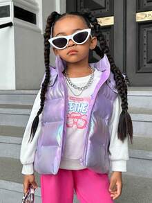 SHEIN 年轻女孩 1 件全息拉链连帽背心羽绒填充外套