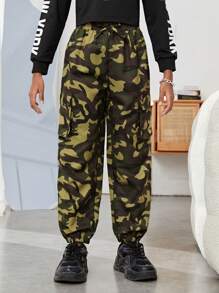 SHEIN Tween Girl Camo Print Flap Pocket Side Cargo Trousers - Multicolor - View 5
